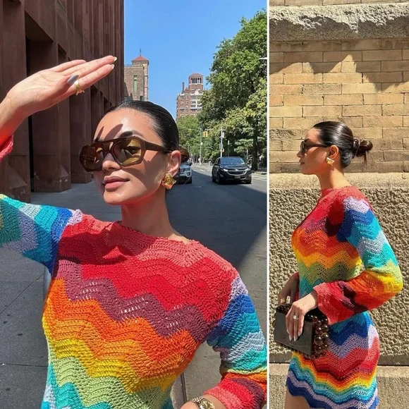 ALIX PINHO Rainbow Crochet Dress Handmade Boho Festival Maxi Multicolor - Picture 1 of 11